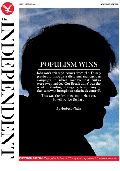 The Independent Newspaper Front Page for 13 December 2019