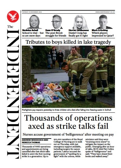 The Independent Newspaper Front Page for 13 December 2022