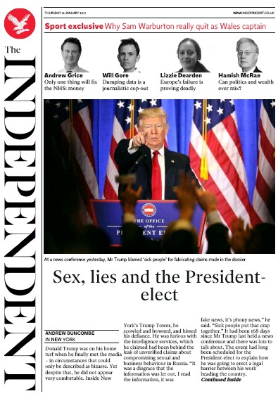 The Independent (UK) Newspaper Front Page for 13 January 2017