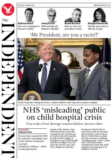 The Independent Newspaper Front Page for 13 January 2018