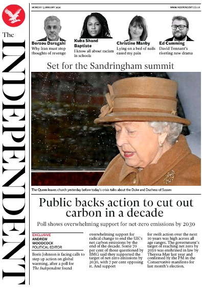 The Independent Newspaper Front Page for 13 January 2020