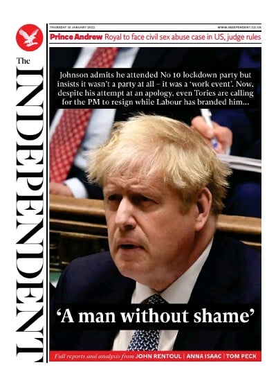 The Independent (UK) Newspaper Front Page for 13 January 2022