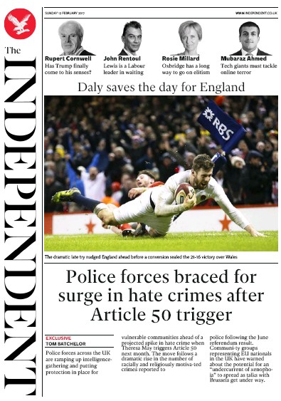 The Independent Newspaper Front Page for 13 February 2017