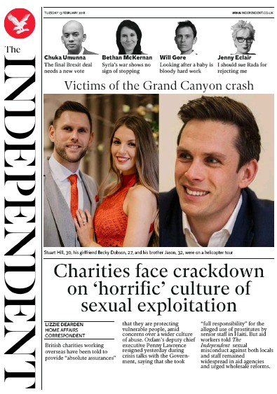 The Independent (UK) Newspaper Front Page for 13 February 2018