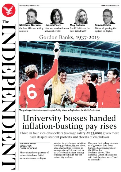 The Independent (UK) Newspaper Front Page for 13 February 2019