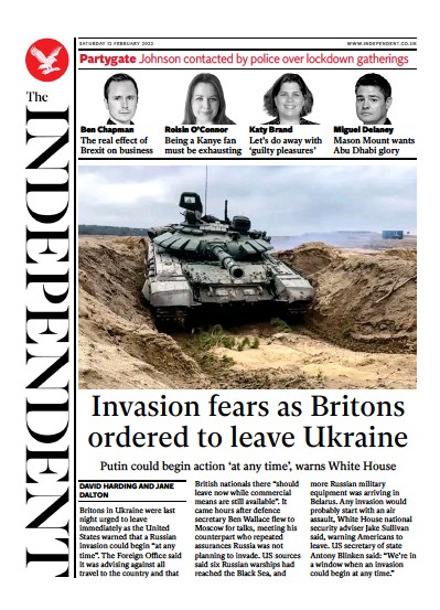 The Independent (UK) Newspaper Front Page for 13 February 2022