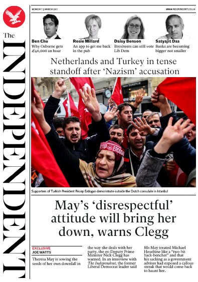 The Independent Newspaper Front Page for 13 March 2017