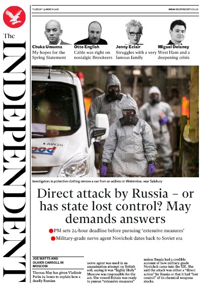 The Independent Newspaper Front Page for 13 March 2018