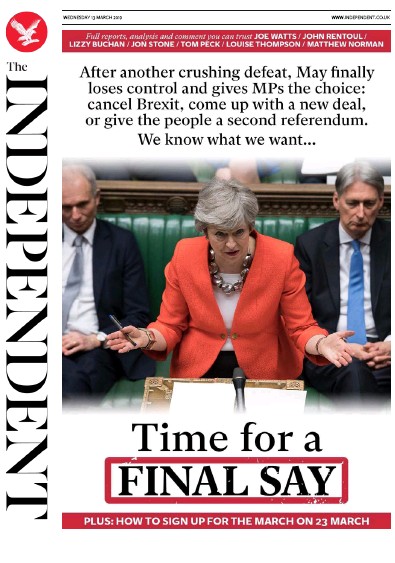 The Independent Newspaper Front Page for 13 March 2019