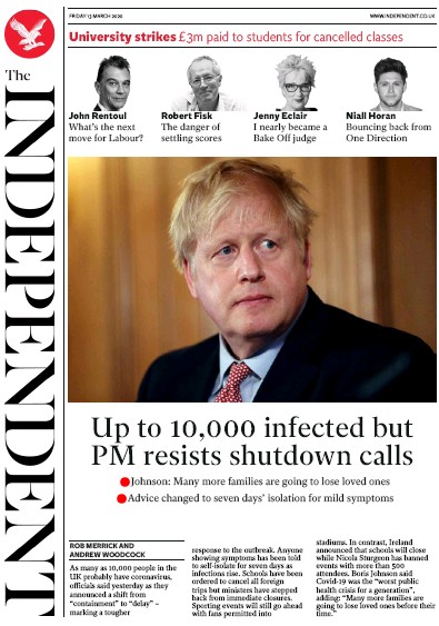 The Independent (UK) Newspaper Front Page for 13 March 2020