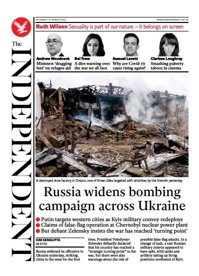 The Independent (UK) Newspaper Front Page for 13 March 2022