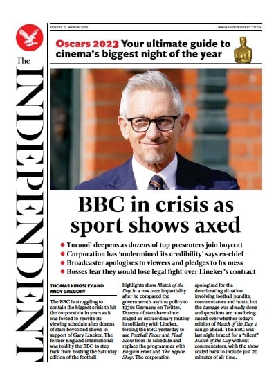 The Independent (UK) Newspaper Front Page for 13 March 2023