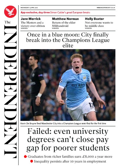 The Independent Newspaper Front Page for 13 April 2016