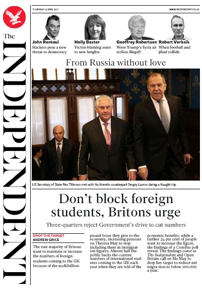 The Independent Newspaper Front Page for 13 April 2017