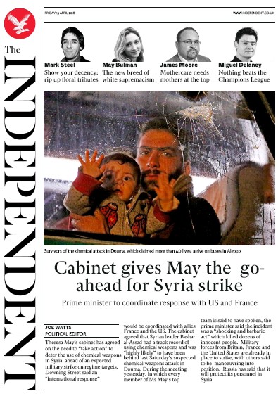 The Independent Newspaper Front Page for 13 April 2018