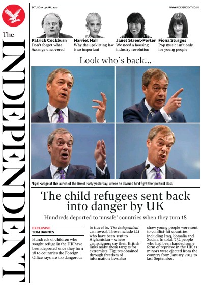 The Independent Newspaper Front Page for 13 April 2019