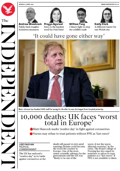 The Independent Newspaper Front Page for 13 April 2020