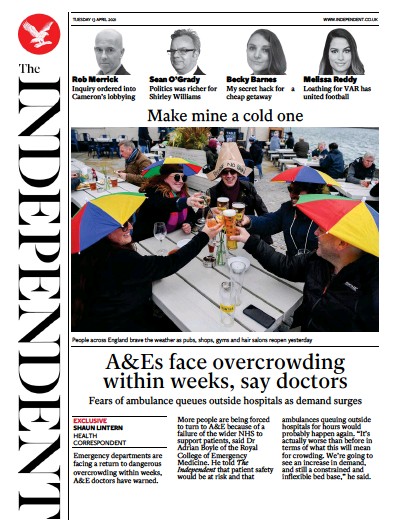 The Independent (UK) Newspaper Front Page for 13 April 2021