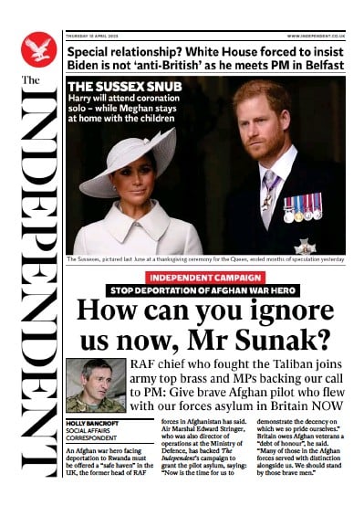 The Independent (UK) Newspaper Front Page for 13 April 2023