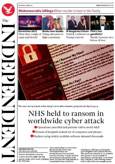 The Independent (UK) Newspaper Front Page for 13 May 2017
