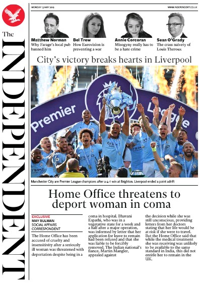 The Independent Newspaper Front Page for 13 May 2019
