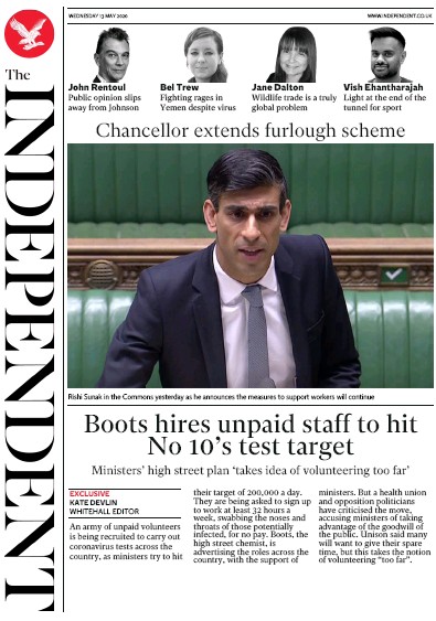The Independent Newspaper Front Page for 13 May 2020