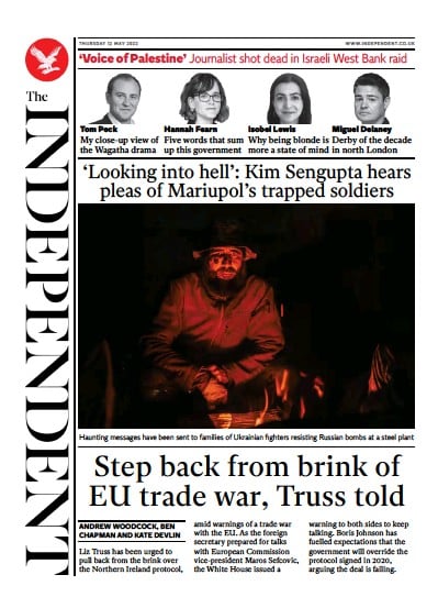 The Independent (UK) Newspaper Front Page for 13 May 2022