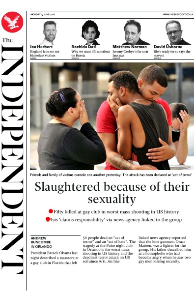 The Independent Newspaper Front Page for 13 June 2016