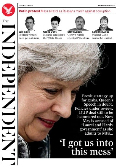 The Independent Newspaper Front Page for 13 June 2017