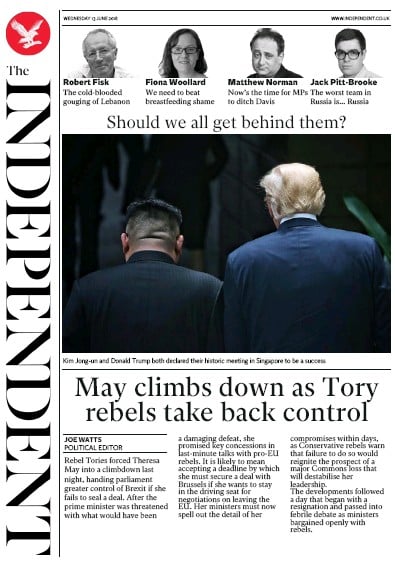 The Independent Newspaper Front Page for 13 June 2018