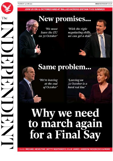The Independent Newspaper Front Page for 13 June 2019