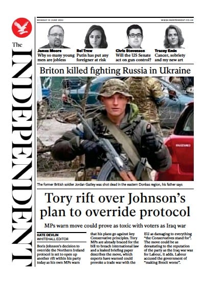 The Independent (UK) Newspaper Front Page for 13 June 2022