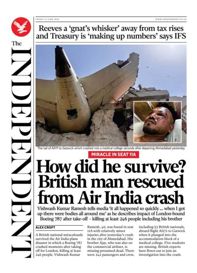The Independent (UK) Newspaper Front Page for 13 June 2025