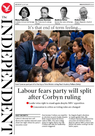The Independent Newspaper Front Page for 13 July 2016