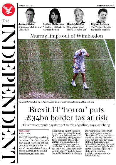 The Independent Newspaper Front Page for 13 July 2017