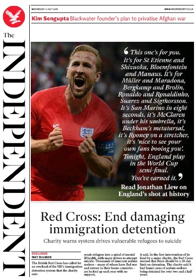 The Independent (UK) Newspaper Front Page for 13 July 2018
