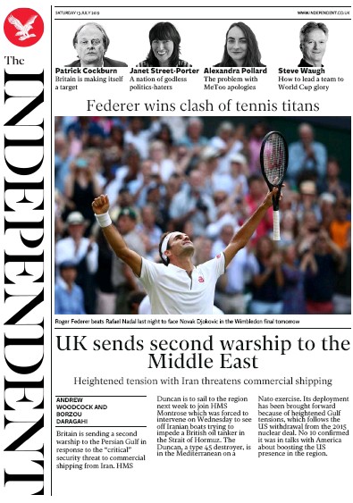 The Independent Newspaper Front Page for 13 July 2019