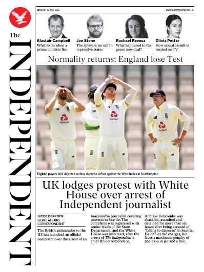 The Independent Newspaper Front Page for 13 July 2020