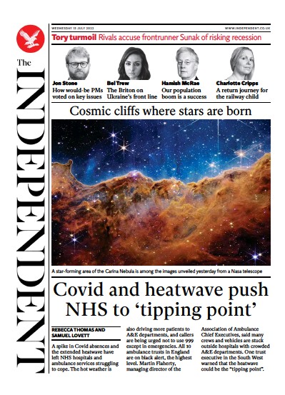 The Independent (UK) Newspaper Front Page for 13 July 2022