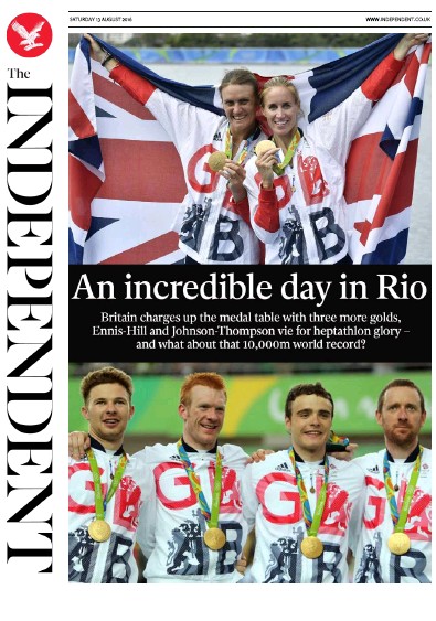 The Independent Newspaper Front Page for 13 August 2016
