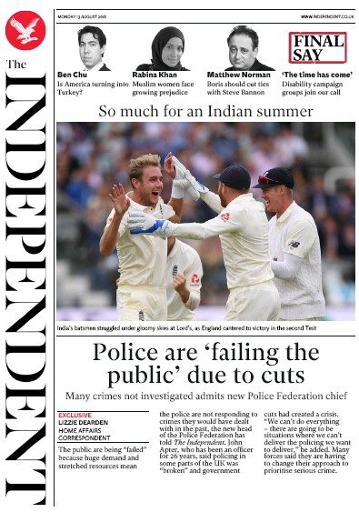 The Independent Newspaper Front Page for 13 August 2018