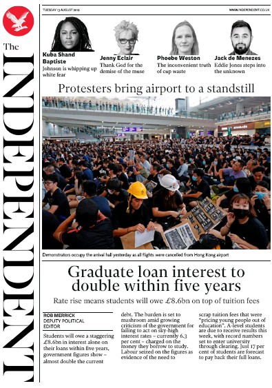 The Independent Newspaper Front Page for 13 August 2019