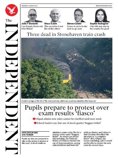 The Independent Newspaper Front Page for 13 August 2020