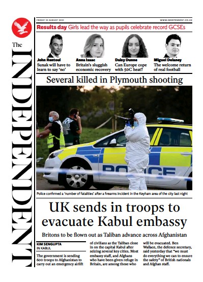 The Independent (UK) Newspaper Front Page for 13 August 2021