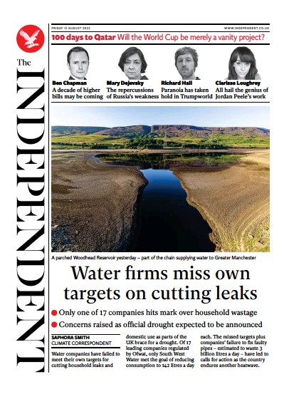 The Independent (UK) Newspaper Front Page for 13 August 2022