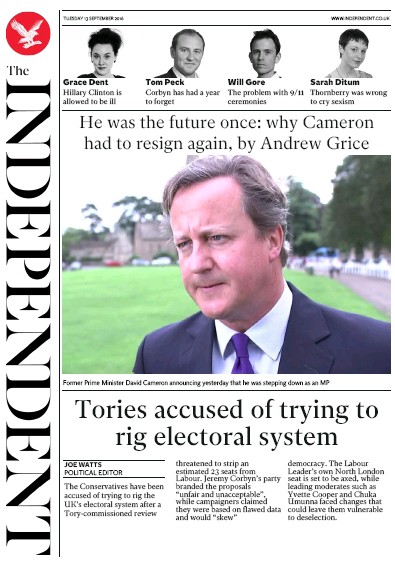 The Independent Newspaper Front Page for 13 September 2016