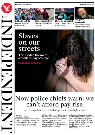 The Independent (UK) Newspaper Front Page for 13 September 2017