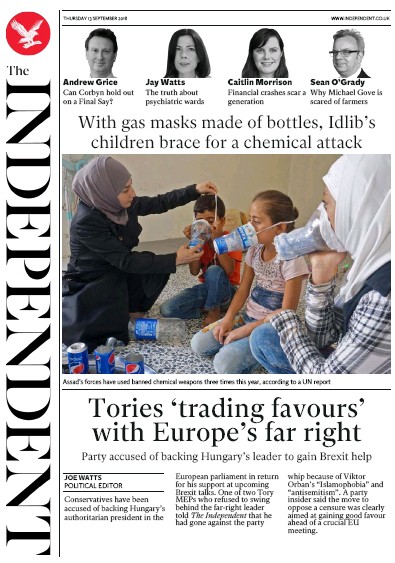 The Independent Newspaper Front Page for 13 September 2018