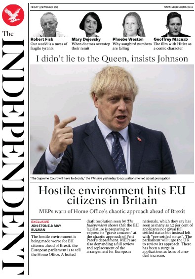 The Independent (UK) Newspaper Front Page for 13 September 2019
