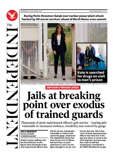 The Independent (UK) Newspaper Front Page for 13 September 2023
